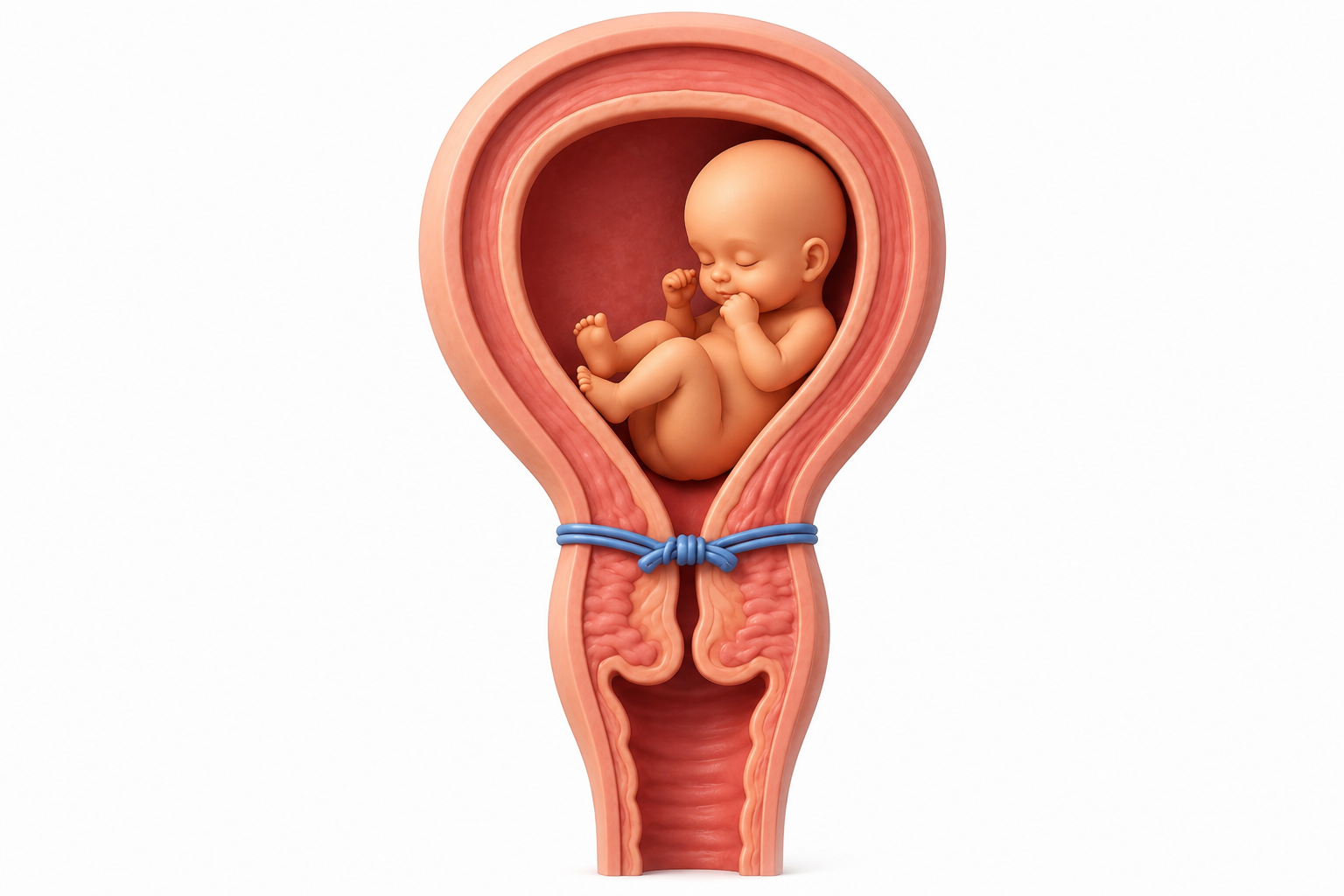 Anatomical illustration of a baby in the uterus with a cervical cerclage tied around the cervix