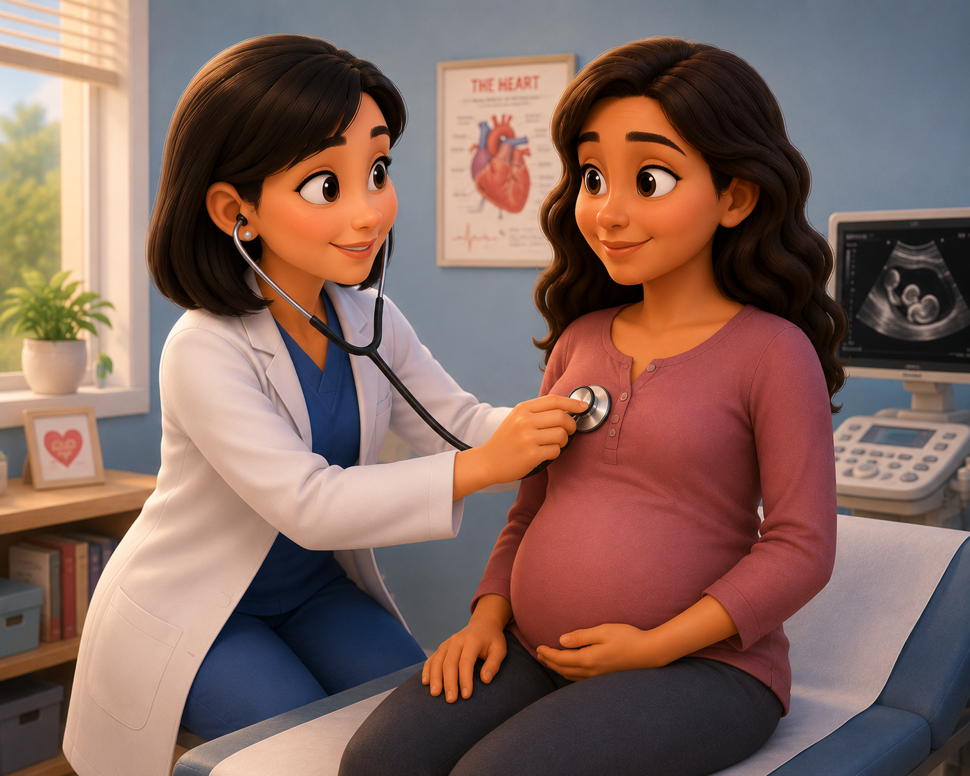 A maternal-fetal medicine physician using a stethoscope to listen to a pregnant patient in a clinic exam room