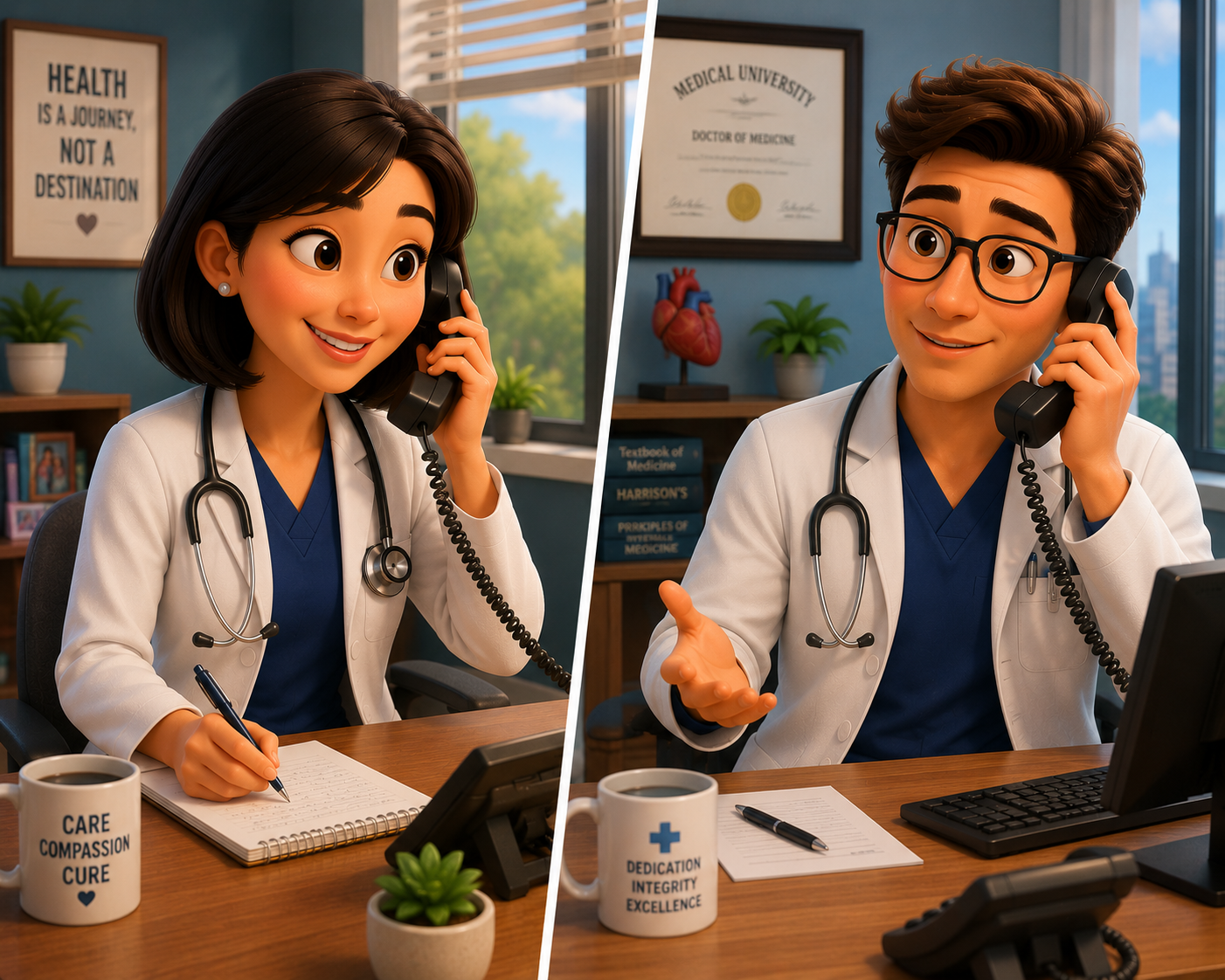An MFM physician and an OB physician each on the phone, conferring about a shared patient