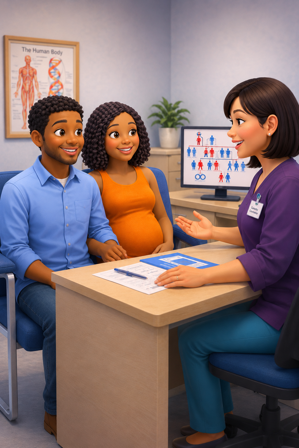 A pregnant patient and her partner meeting with a genetic counselor