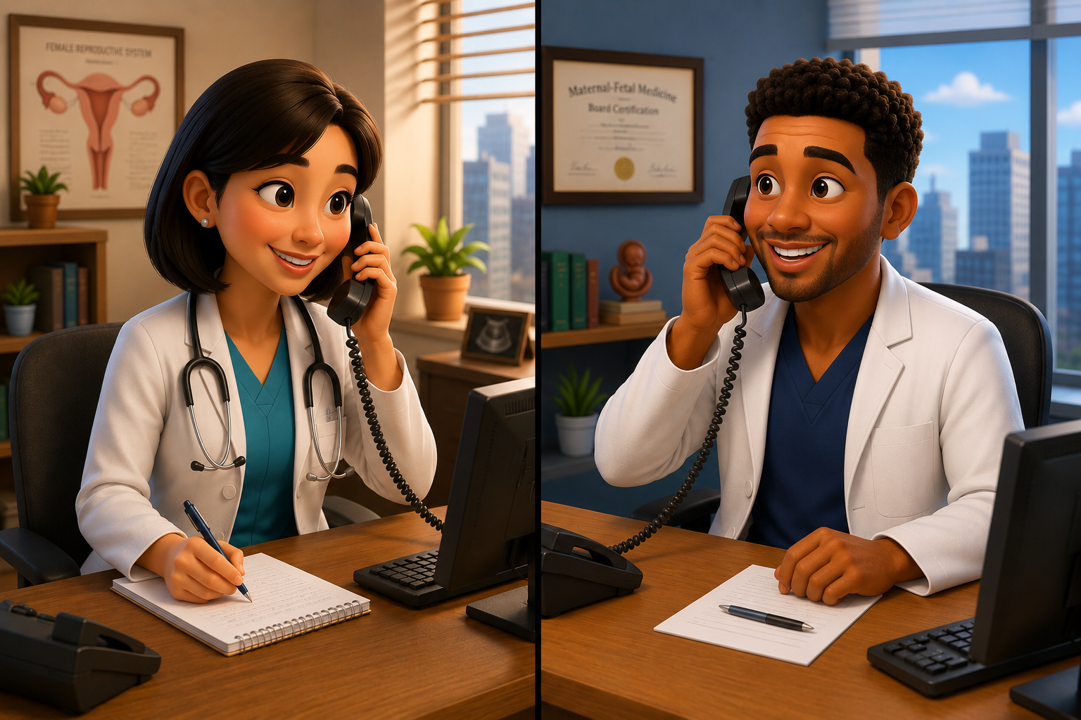 An obstetrician and a maternal-fetal medicine physician coordinating care over the phone